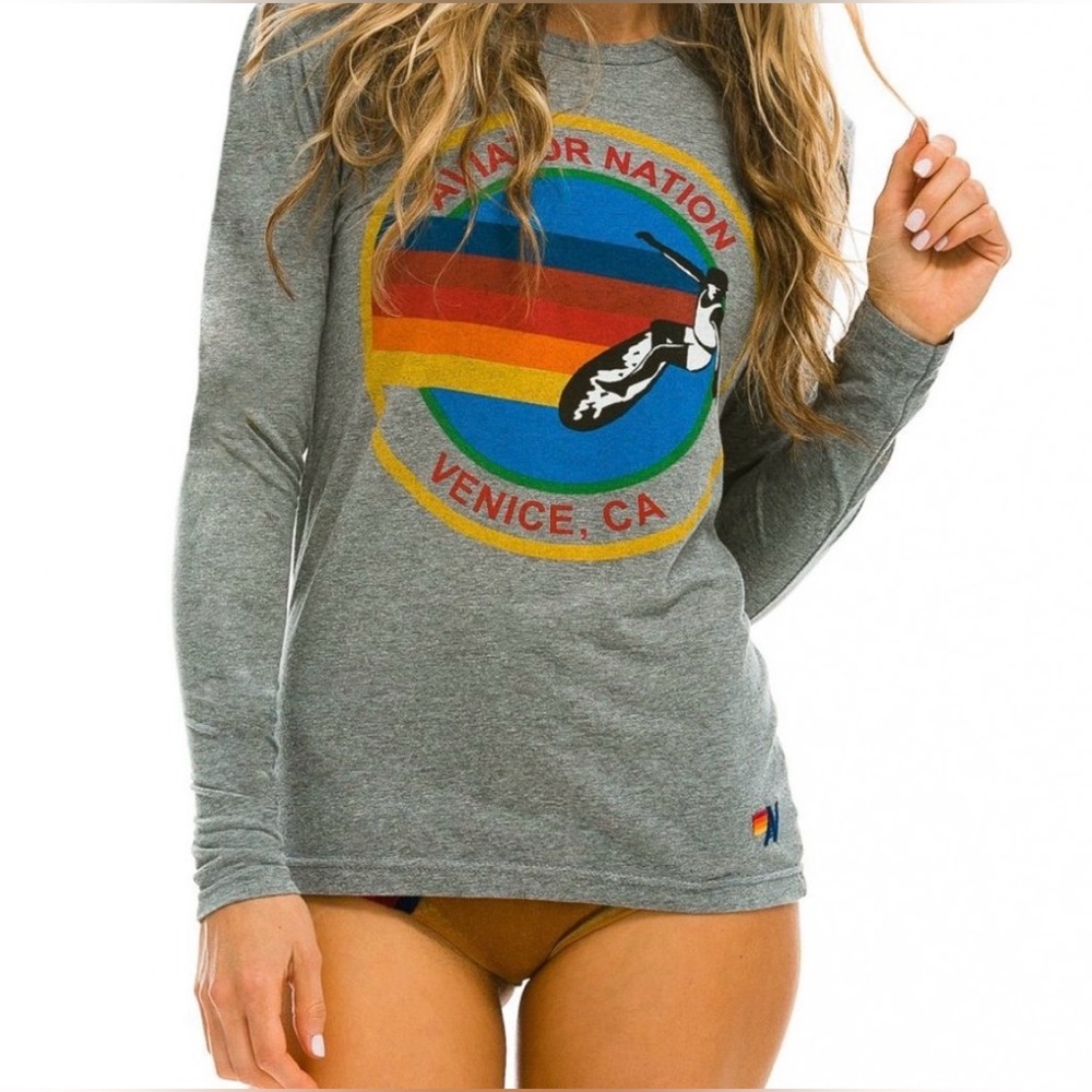 Aviator Nation Signature Gray Long Sleeve Tee, Size M
